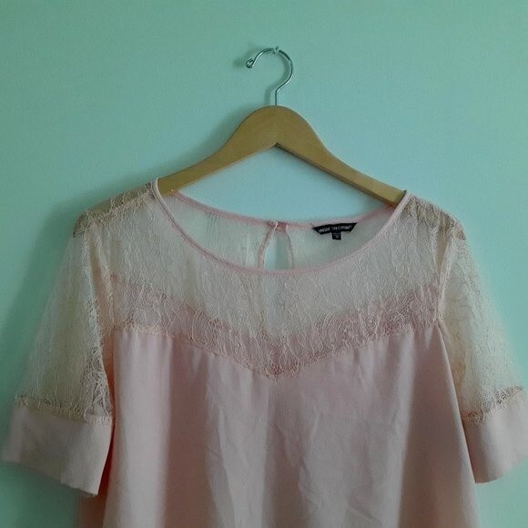 Unique Spectrum Blush Pink Peach Mesh Floral Lace Top Back Keyhole Baby Doll Top - Picture 6 of 10